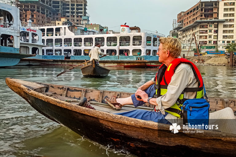 Crossing river Buriganga with proper safety on a Dhaka Photography Tour