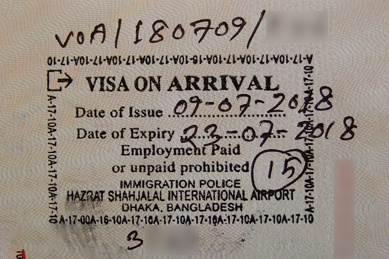 A sample of a Bangladesh visa on arrival stamp on the passport