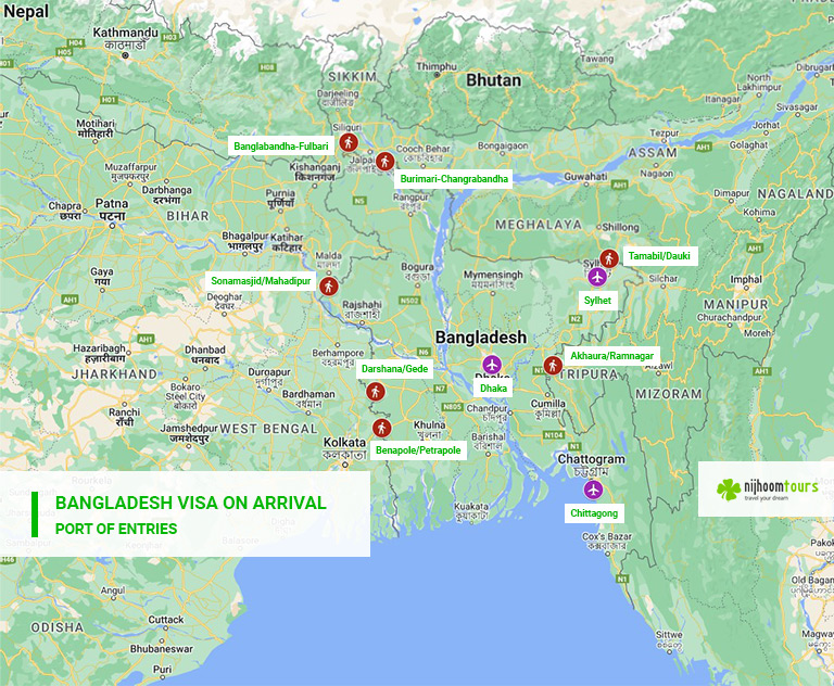 A map of all the airports and land borders where a Bangladesh Visa on Arrival is provided