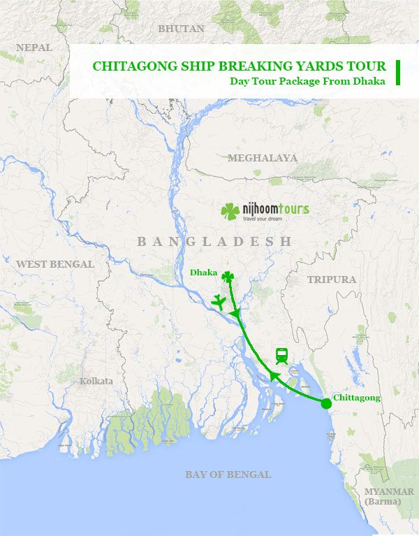 Tour map of Chittagong ship breaking yard tour in Bangladesh