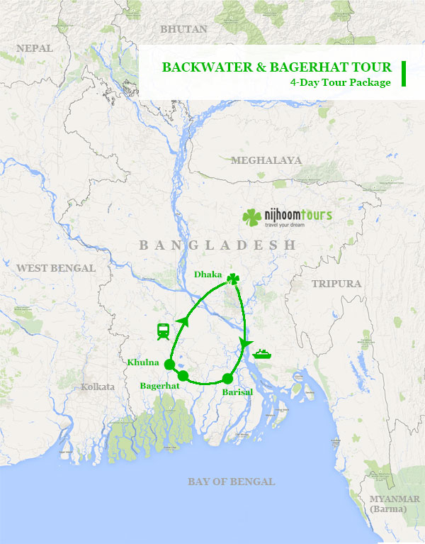 Tour map of Backwater & Bagerhat tour
