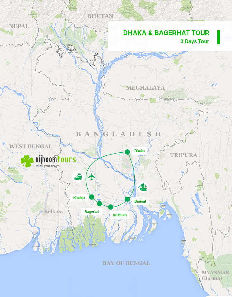 Tour map of Dhaka & Bagerhat Tour