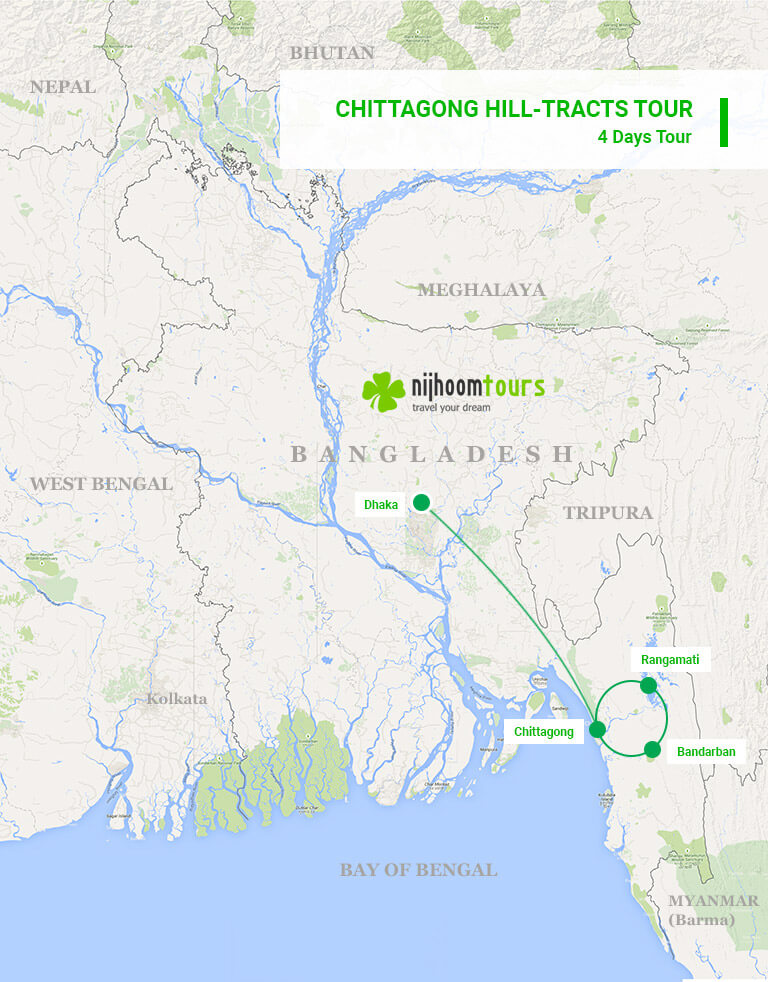 A map of the 4-day Chittagong Hill Tracts Tour in Bangladesh