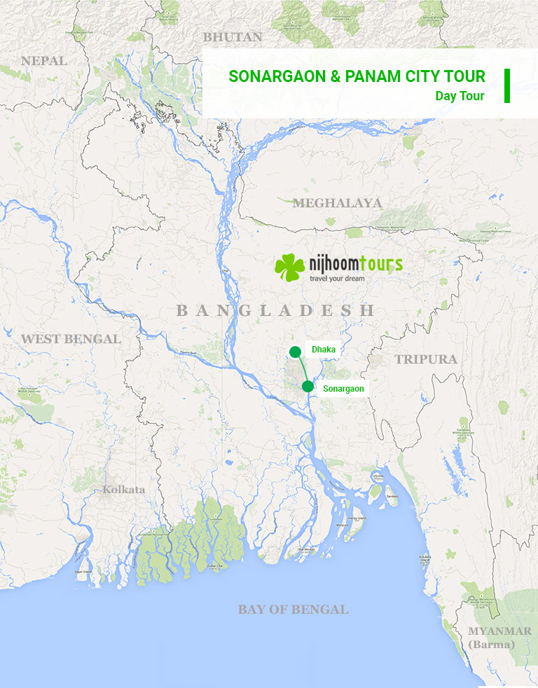 A map of full-day Sonargaon & Panam City Tour to Bangladesh Old Capital with Nijhoom Tours