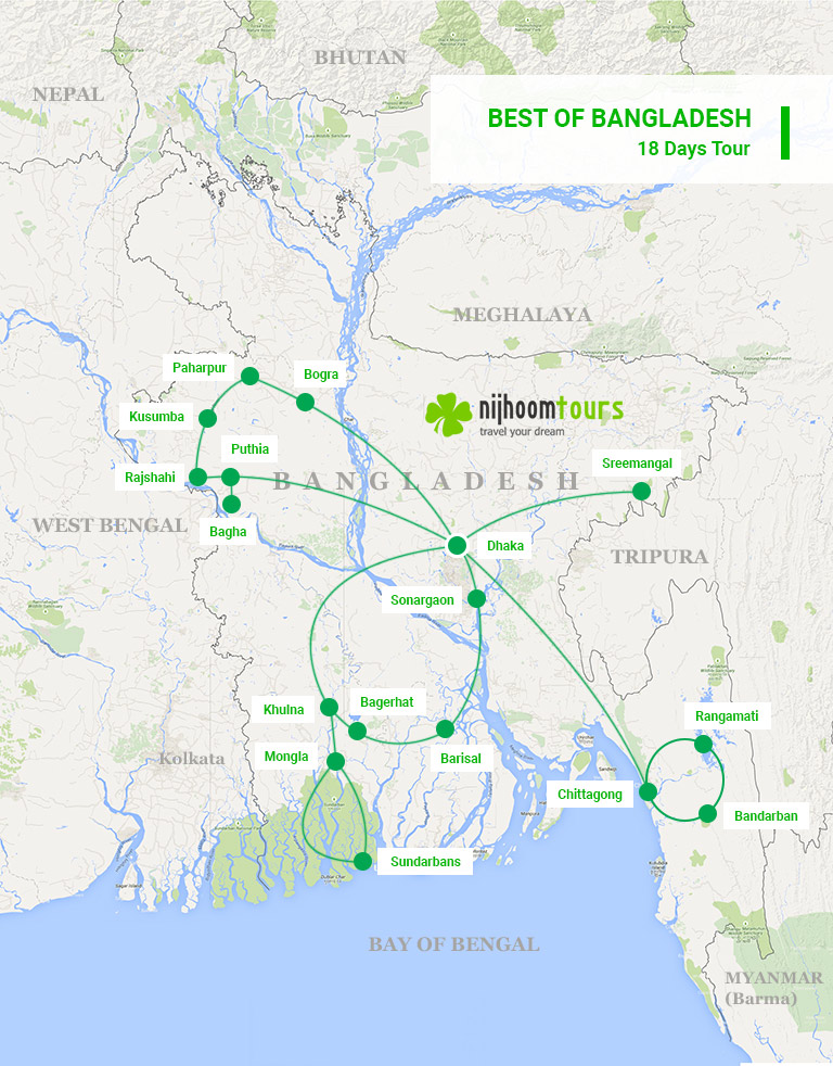 A map of 18 days Best of Bangladesh Tour with Nijhoom Tours to visit the best sights & attractions as recommended by popular guide books, and beyond.
