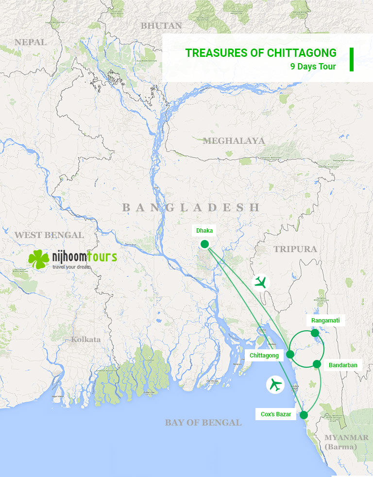 A map of 9 days Treasures of Chittagong Tour with Nijhoom Tours to visit the very best of Chittagong Hill-Tracts, Cox's Bazar, and the ship-breaking yards