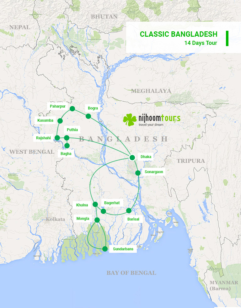 A map of 14 days Classic Bangladesh Tour with Nijhoom Tours to experience the the life in Bangladesh with all the UNESCO sites