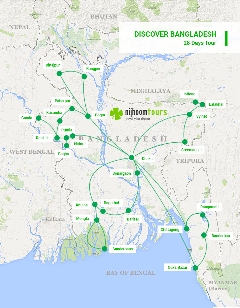 A map of 28 days Discover Bangladesh Tour with Nijhoom Tours to visit the best sights and attractions in Bangladesh beyond the capabilities of the guide books.
