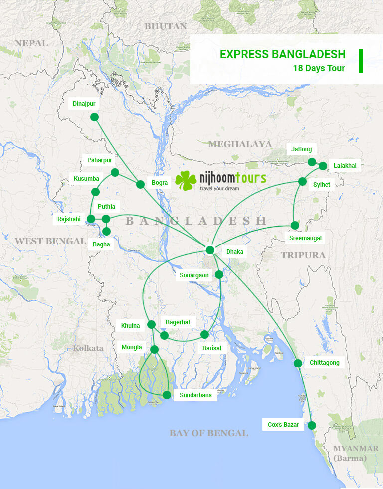 A map of 18-day Express Bangladesh Tour with Nijhoom Tours to visit every corner of Bangladesh in a short period