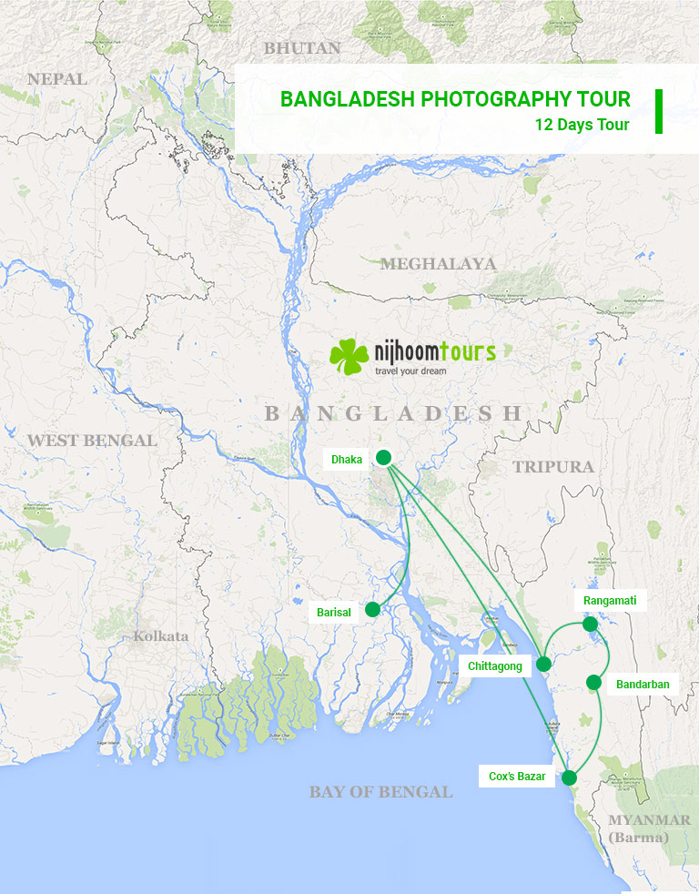 A map of the 12 days Bangladesh Photography Tour with Nijhoom Tours to capture life in some exclusive places and events with breathtaking photo opportunities