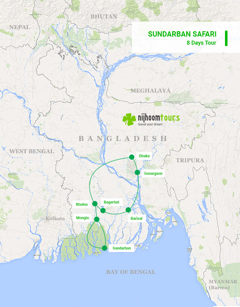 A map of 8 days Sundarban Safari Tour in Bangladesh with Nijhoom Tours to experience the largest mangrove forest on earth