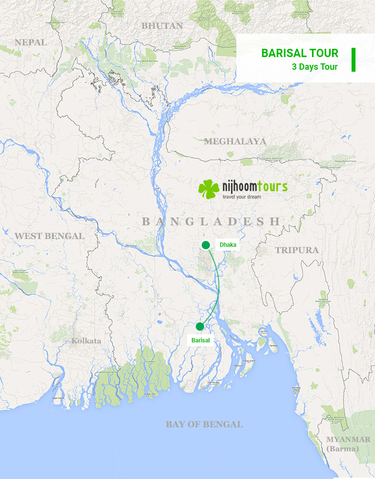 Tour map of the 3-day Barisal Tour in Bangladesh