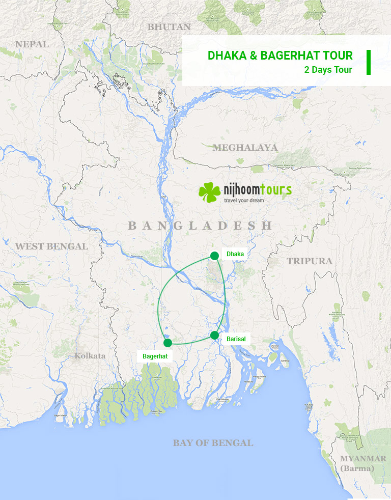 A map of the 2-day Dhaka & Bagerhat Tour of Nijhoom covering the highlights of the megacity Dhaka and historic city Bagerhat.