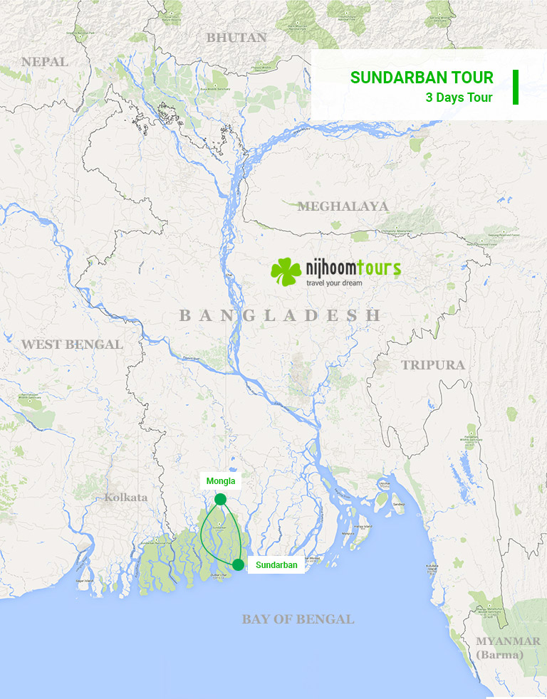 A map of Sundarban Tour in Bangladesh from Mongla by boat