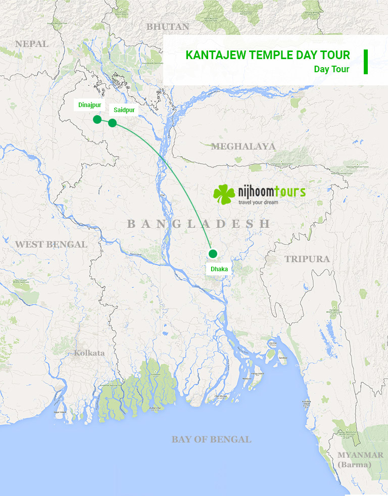 A map of the full day Kantajew Temple Tour package of Nijhoom Tours covering some gems in remote Bangladesh