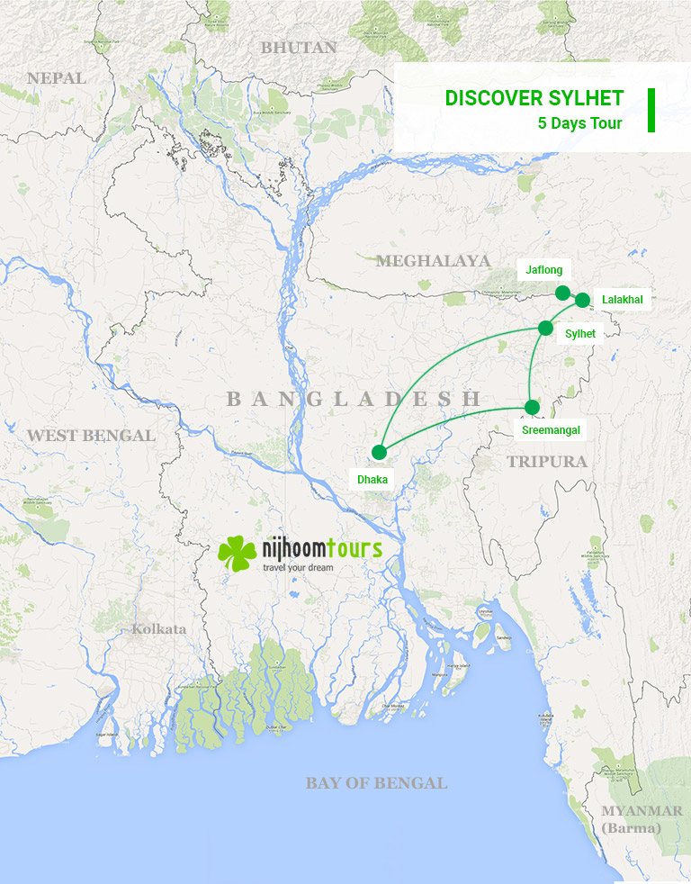 A map of the 5-day Discover Sylhet Tour package of Nijhoom Tours covering Sylhet and Sreemangal