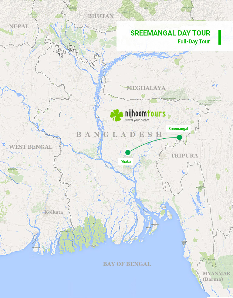 A map of the full-day Sreemangal Day Tour with Nijhoom Tours