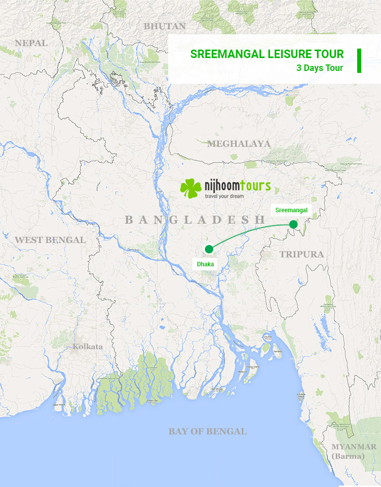 A map of Sreemangal Tour Package in Sylhet, Bangladesh