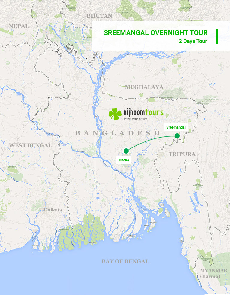 A map of Sreemangal Overnight Tour in Sylhet, Bangladesh